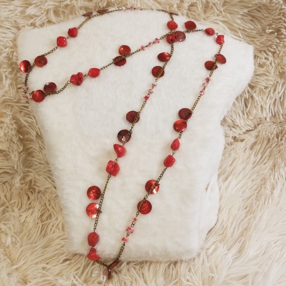 90s Red Abalone Shell Coin Long Sweater Necklace - Picture 6 of 12